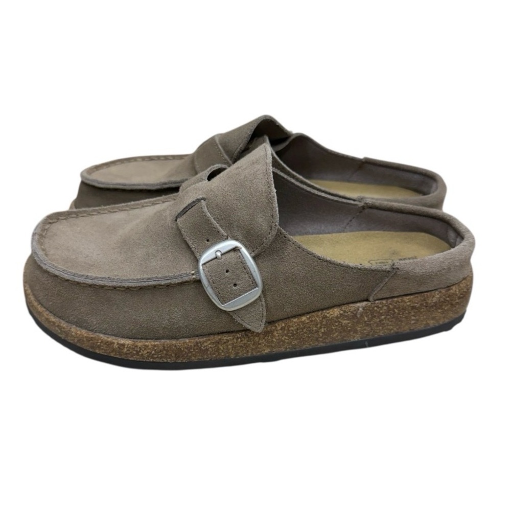 Taupe Suede Cork Bottom Slip-On Buckle Clog Shoes - Picture 2 of 5